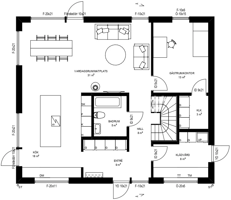 Planritning Villa Terra — entréplan med kök, vardagsrum, gästrum/kontor, badrum och klädvård